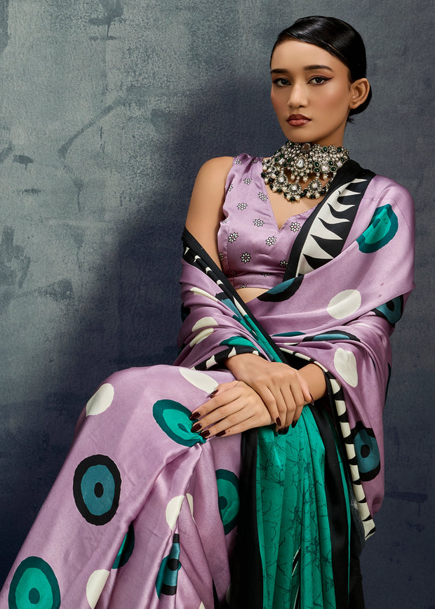 Dusky Lavender Printed Satin Silk Saree