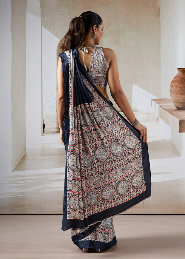 Medieval Blue Printed Satin Silk Saree