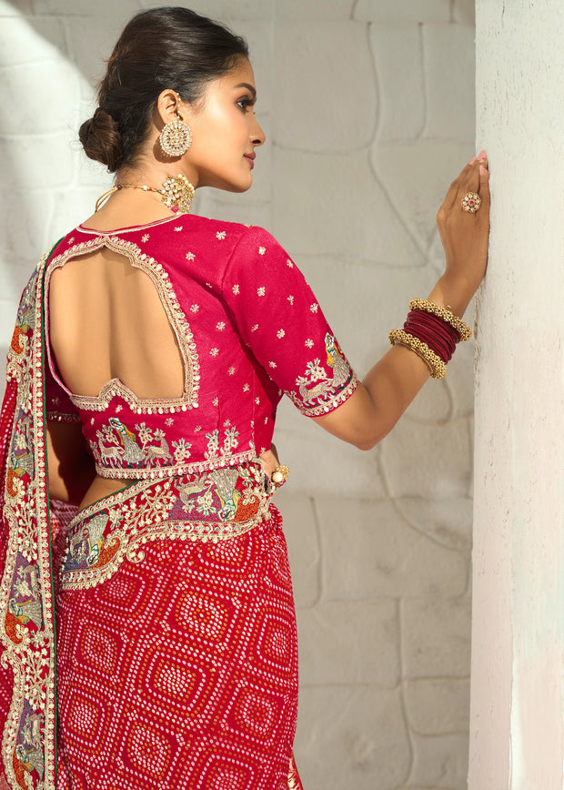 Red Embroidered Georgette Bandhej Saree