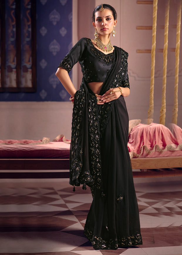 Jet Black Embroidered Tissue Designer Saree