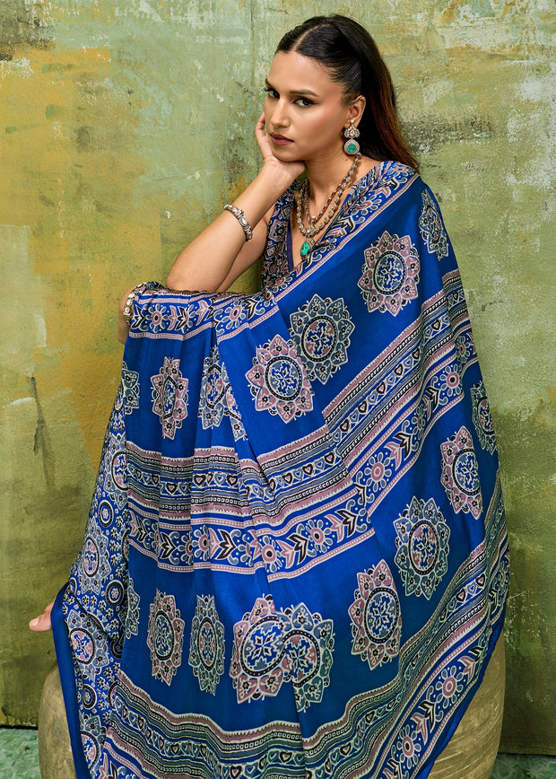 Indigo Blue Printed Satin Silk Saree