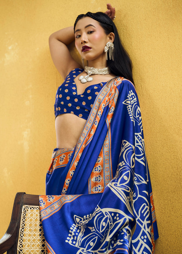 Cobalt Blue Satin Silk Saree with Ajrakh Printed Pallu and Blouse