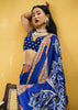 Cobalt Blue Satin Silk Saree with Ajrakh Printed Pallu and Blouse
