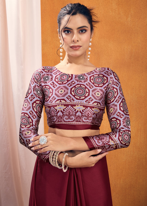 Claret Red Satin Silk Saree with Ajrakh Printed Pallu and Blouse