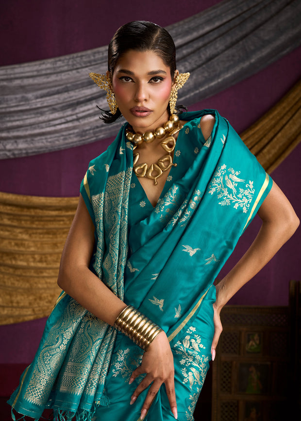 Teal Blue Banarasi Satin Silk Saree