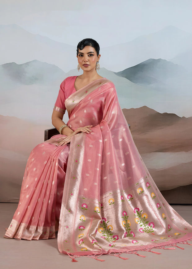 Salmon Peach Woven Banarasi Tissue Silk Saree