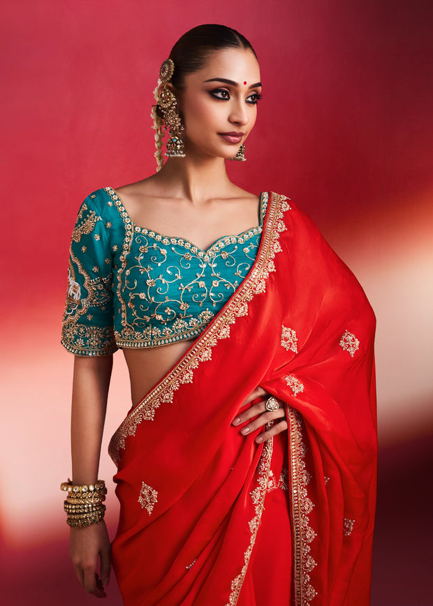 Crimson Red Embroidered Soft Silk Saree With Contrast Blouse