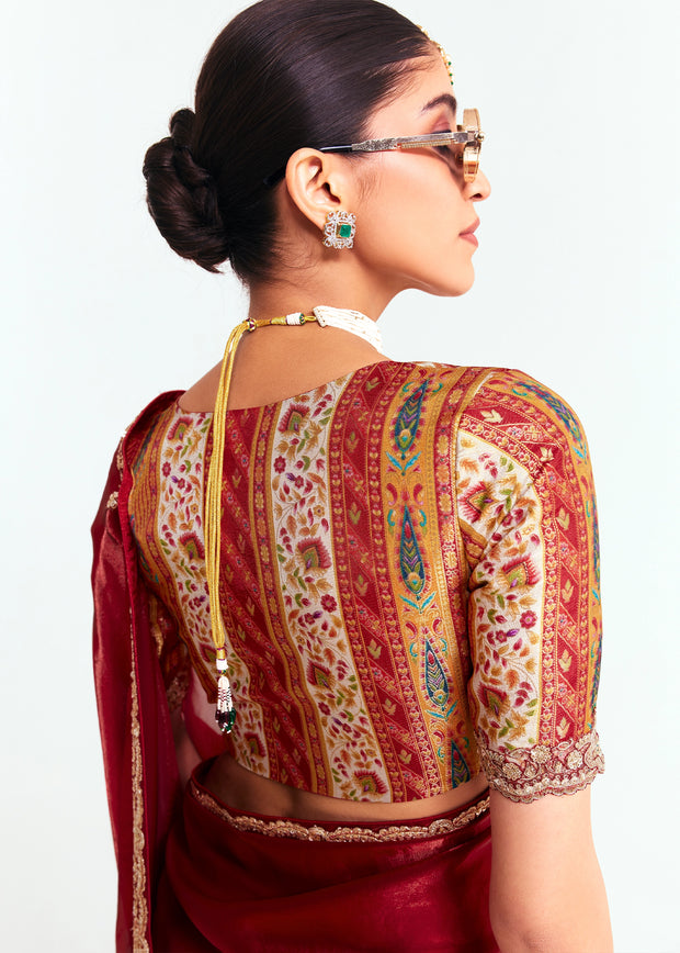 Maroon Designer Embroidered Tissue Saree