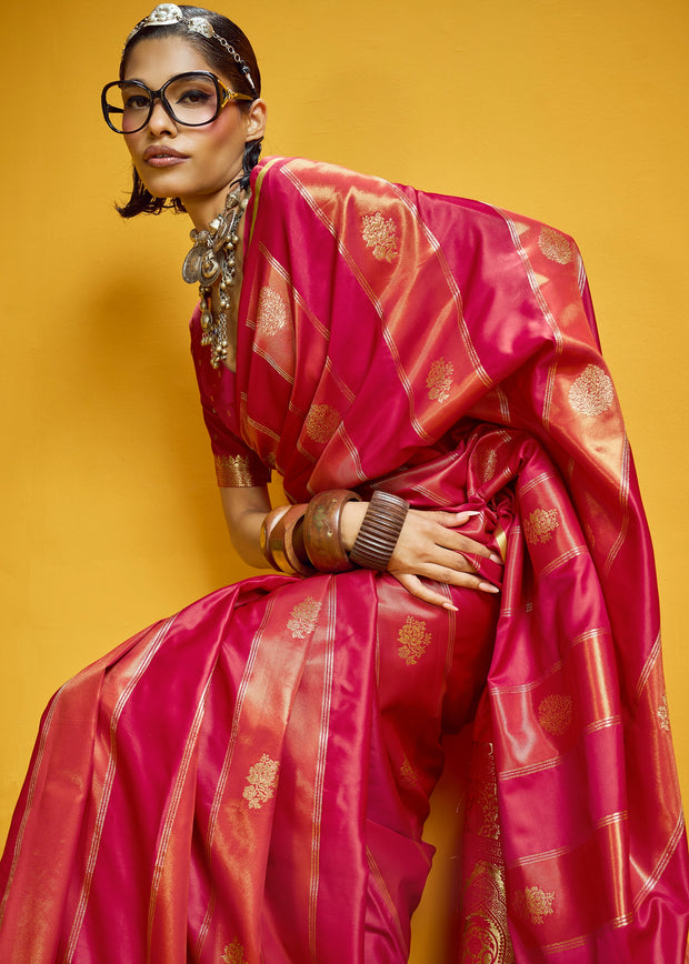 Rose Red Woven Banarasi Satin Silk Saree