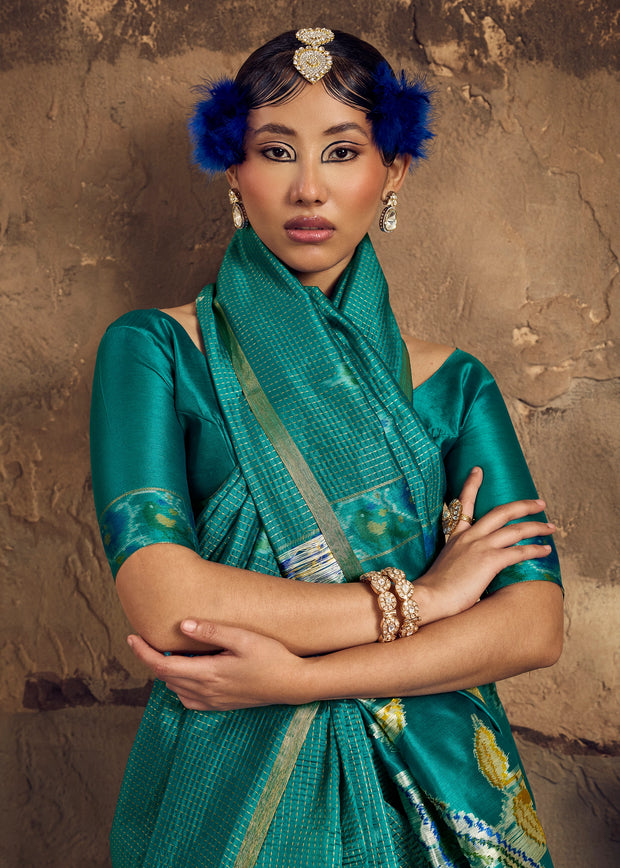 Turquoise Green Woven silk saree