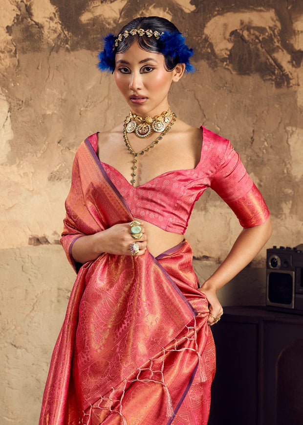 Coral Pink Woven Kanjivaram Silk Saree