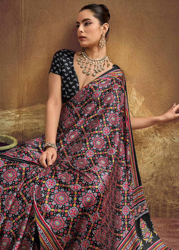 Black Printed Satin Silk Saree