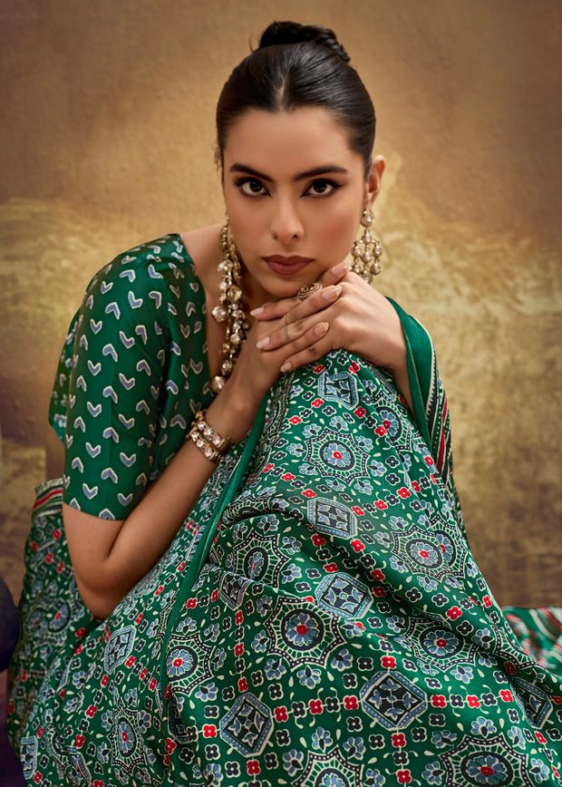 Bottle Green Printed Satin Silk Saree