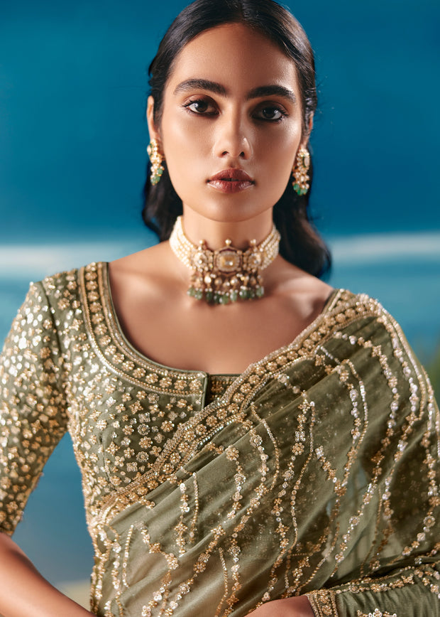 Mehendi Green Satin Organza Embroidered Saree
