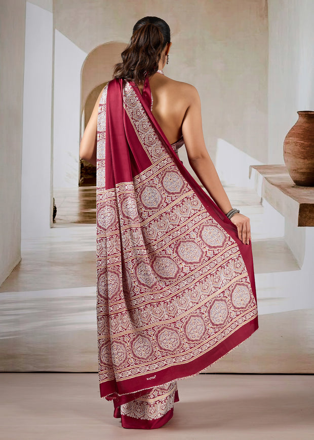 Rich Red Printed Satin Silk Saree