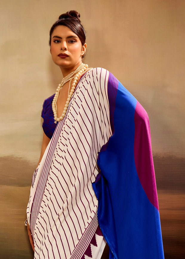 Off white Printed Satin Silk Saree