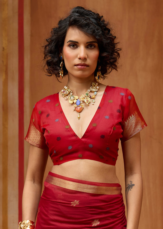 Cherry Red Woven Cotton Organza Saree
