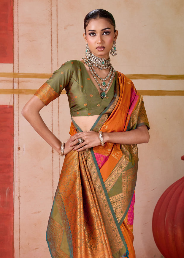 Russet Orange Dual Tone Bronze Zari Woven Banarasi Silk Saree