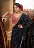 “Exclusive Offer” : Pirate Black Woven Designer Embroidered Silk Saree With Contrast Blouse