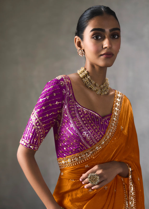 Deep Orange Embroidered Silk Saree With Heavy Blouse
