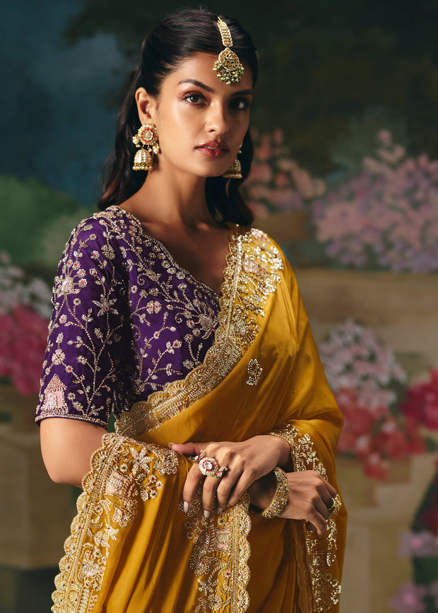Mustard Yellow Embroidered Designer Saree
