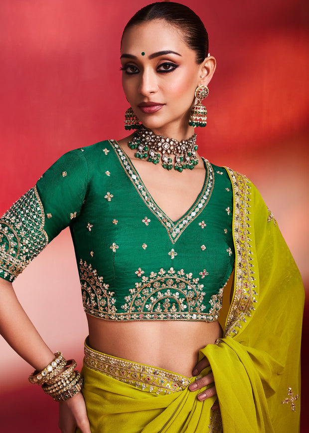 Lime Green Embroidered Soft Silk Saree With Contrast Blouse