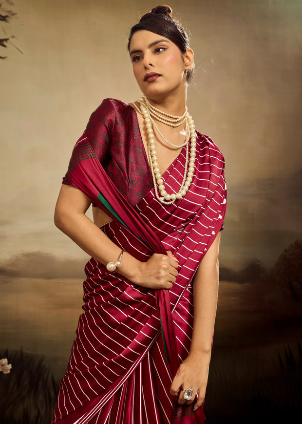 Maroon Printed Satin Silk Saree