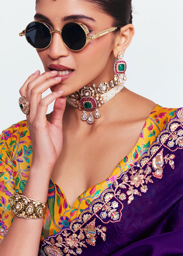 Magic Purple Designer Embroidered Tissue Saree