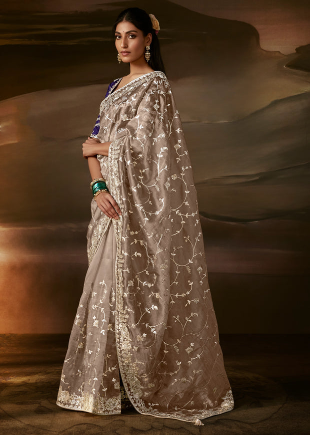 Metallic Beige Embroidered Designer Organza Saree