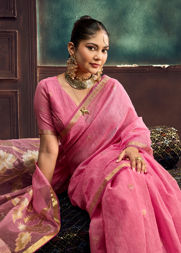 Carnation Pink Woven Cotton Silk Saree