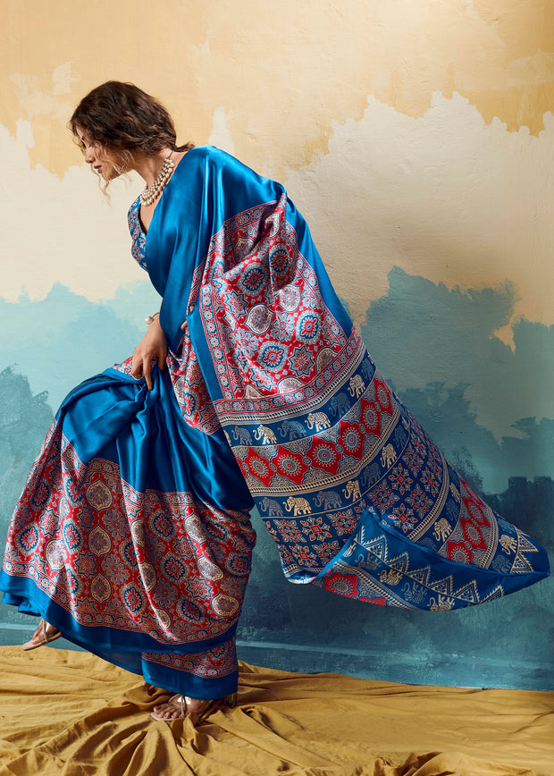 Swedish Blue Printed Satin Silk Saree