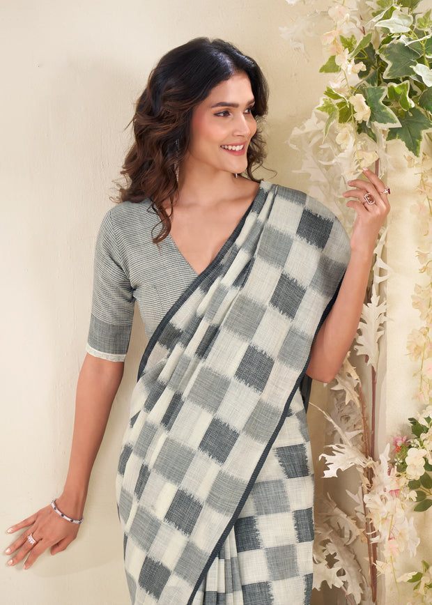 Off White Woven Linen Silk Saree
