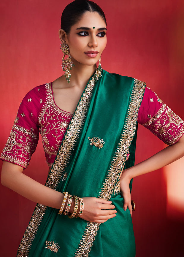 Deep Teal Green Embroidered Soft Silk Saree With Contrast Blouse