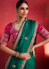Deep Teal Green Embroidered Soft Silk Saree With Contrast Blouse