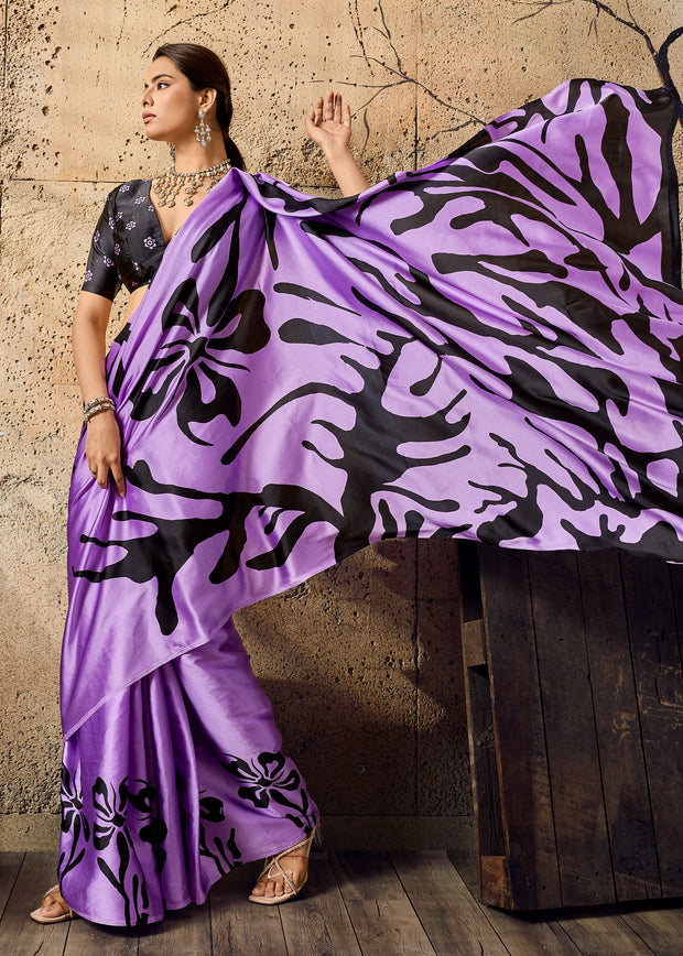 Lavender Purple Printed Satin Silk Saree