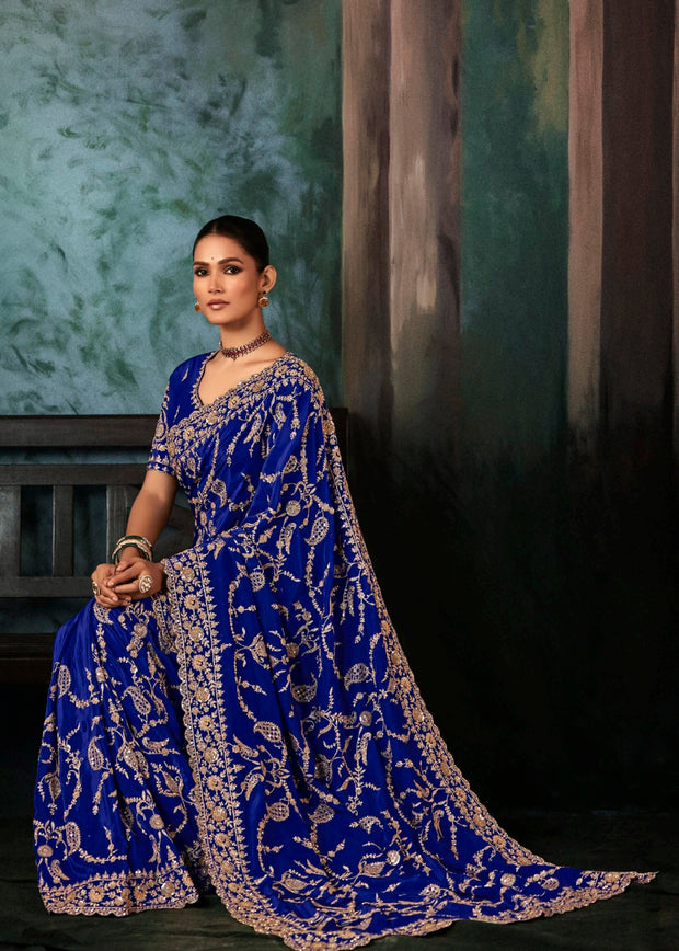 True Blue Embroidered Designer Saree