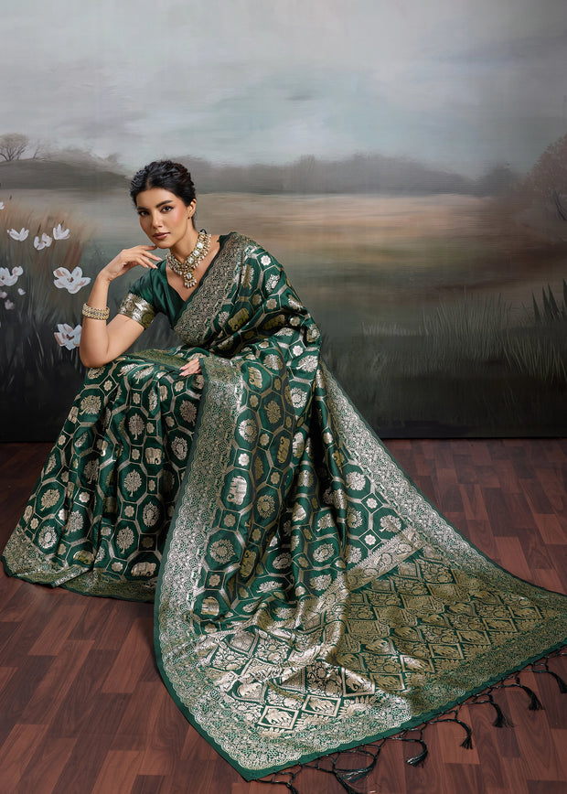 Bottle Green Woven Banarasi Silk Saree