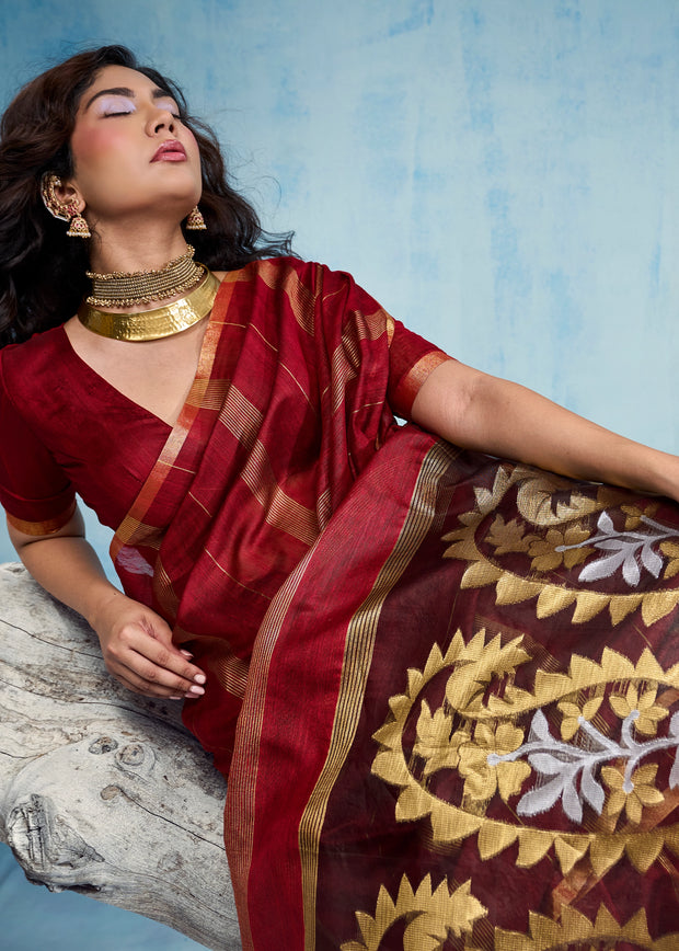 Red Woven Munga Cotton Saree