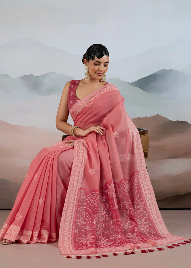 Flamingo Pink Woven Cotton Saree