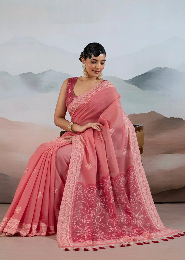 Flamingo Pink Woven Cotton Saree