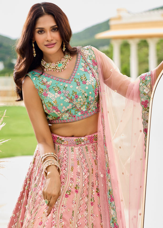 Elegant Pink Tissue Embroidered Wedding Lehenga