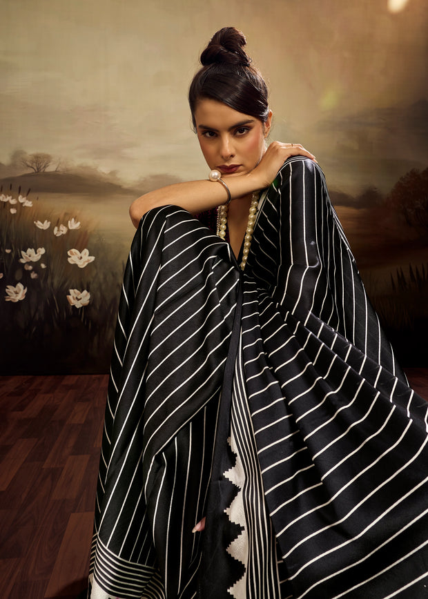 Black Printed Satin Silk Saree