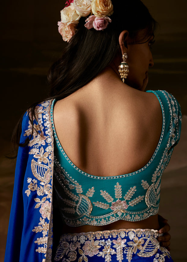 Sapphire Blue Embroidered Designer Organza Saree