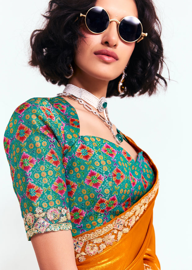 Peel Orange Designer Embroidered Tissue Saree