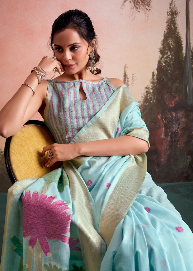 Angel Blue Woven Linen Cotton Silk Saree
