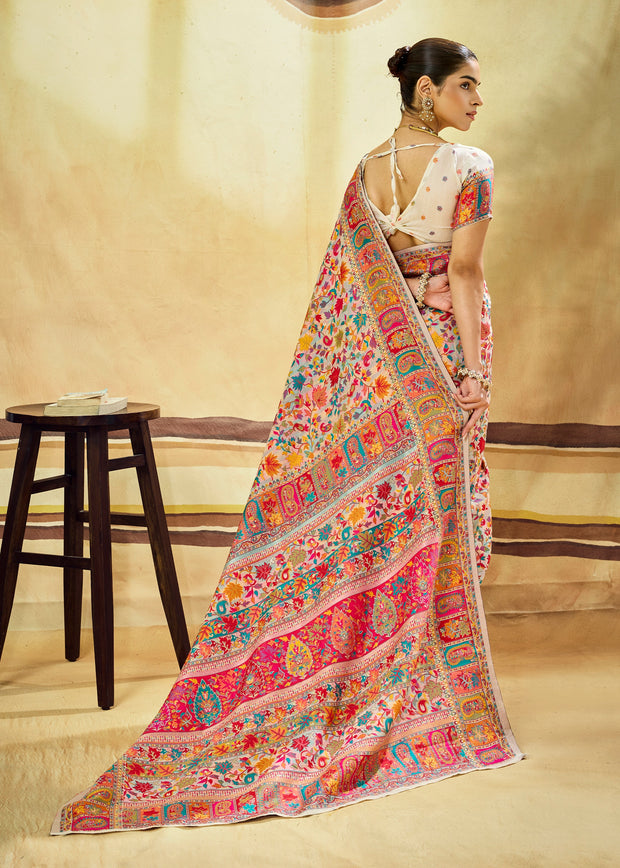 White Woven Cotton Kashmiri Jamewar Saree