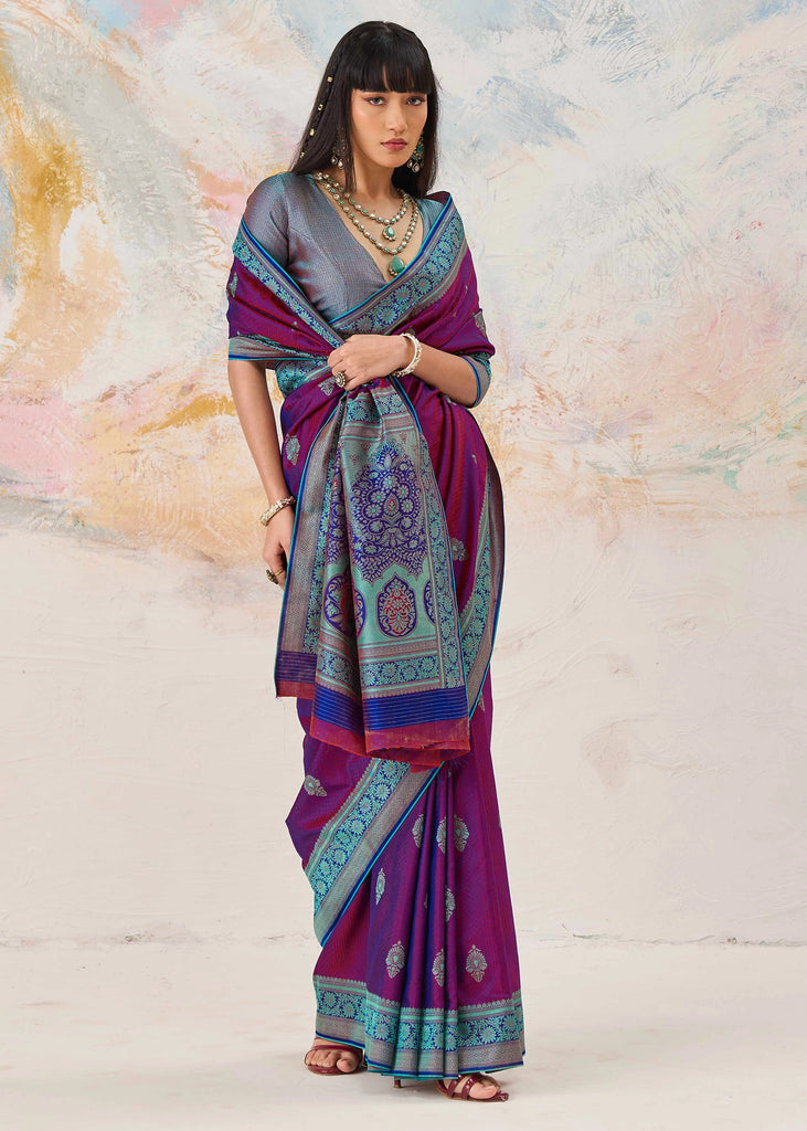 Sparkling purple Kanjivaram silk saree with vivid jewel tone and Kanchipuram weaving