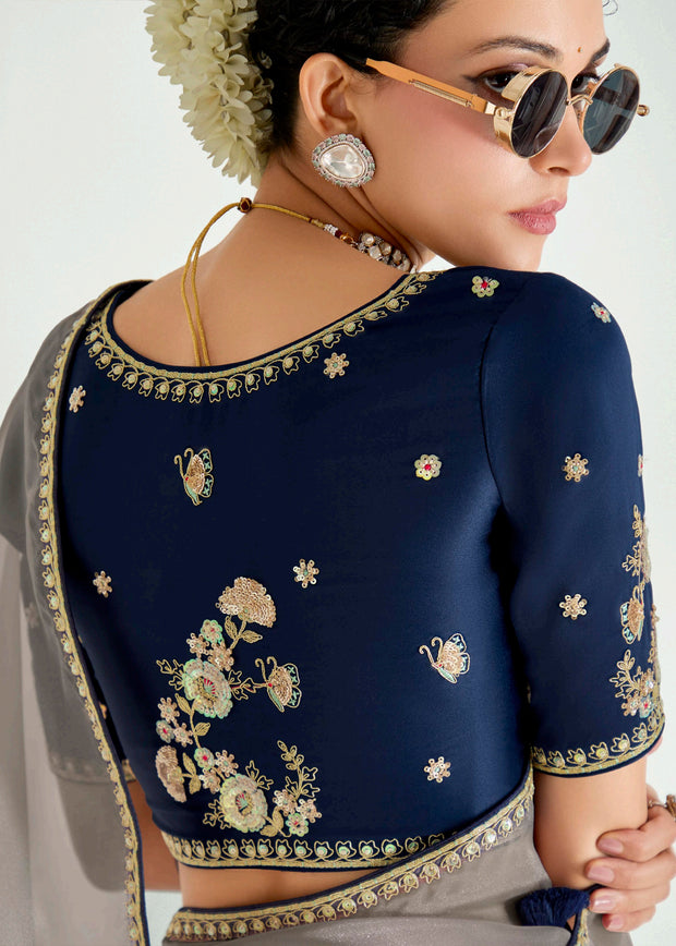 Midnight Blue Ombre Designer Tissue Saree With Embroidered Blouse
