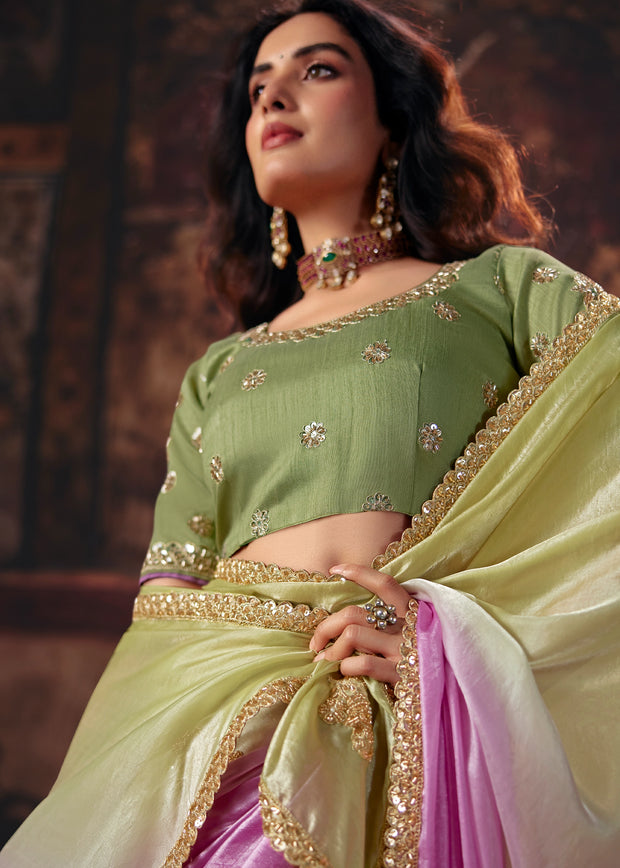 Green And Pink Ombre Designer Satin Silk Saree With Embroidered Blouse