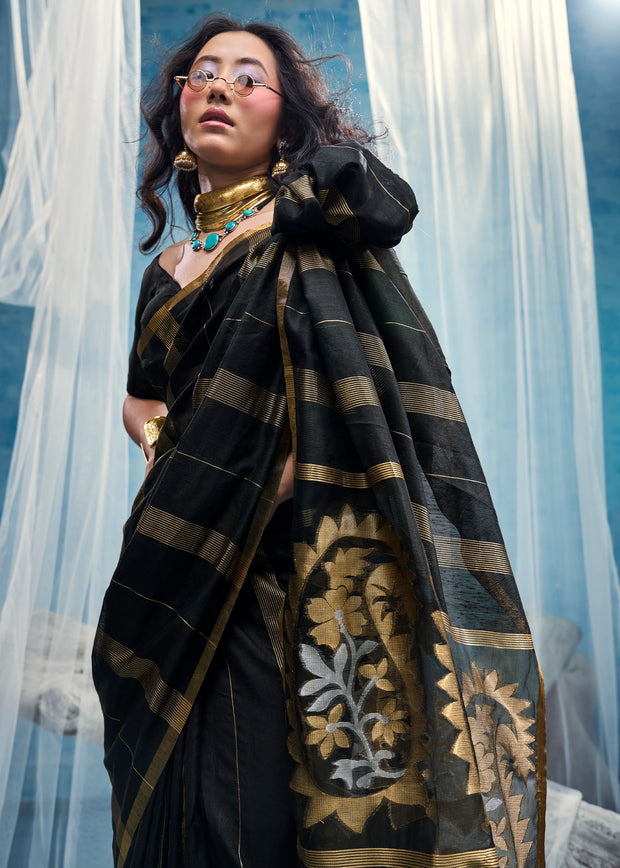 Black Woven Munga Cotton Saree